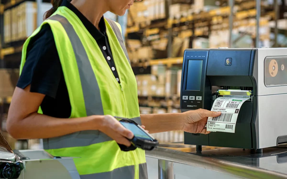 A worker printing a label on a Zebra industrial printer