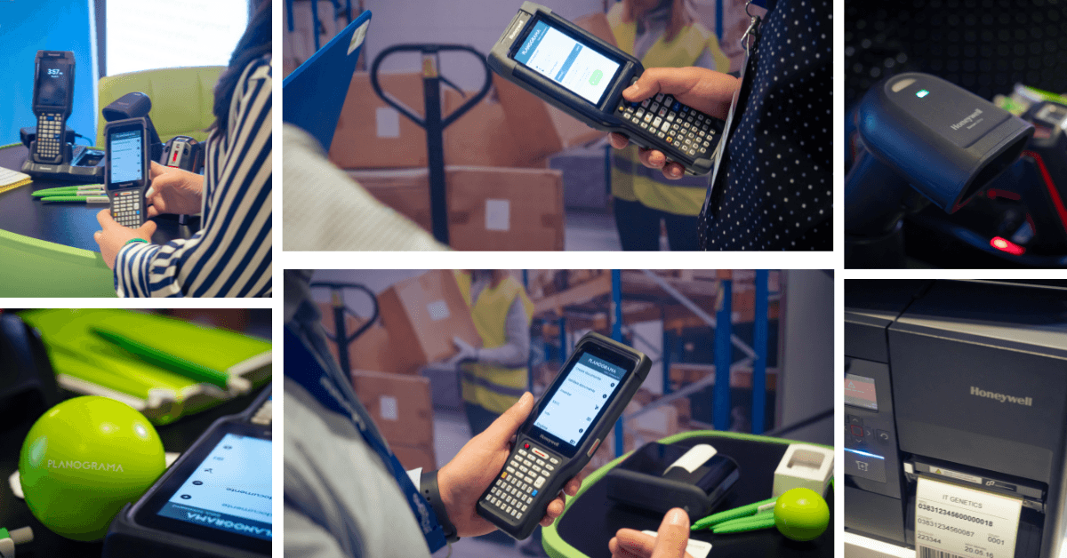 Demostraciones prácticas en el stand: terminales móviles Honeywell con la aplicación Planograma, un escáner de códigos de barras Honeywell y una impresora Honeywell que imprime una etiqueta con código de barras