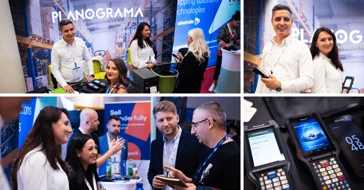 Vier Fotos von den eCommerce Talks: Besucher im Gespräch mit dem Team am Planograma-Stand, zwei Teammitglieder mit Handheld-Computern, Teilnehmer im Gespräch und eine Nahaufnahme von Honeywell-Handhelds mit der Planograma-App