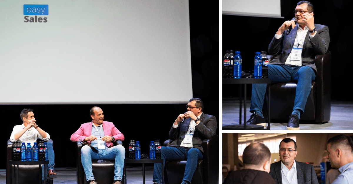 Eine Paneldiskussion mit drei Teilnehmern bei den eCommerce Talks unter dem easySales-Logo, dazu Nahaufnahmen eines Panelteilnehmers, der ins Mikrofon spricht und sich mit Besuchern unterhält