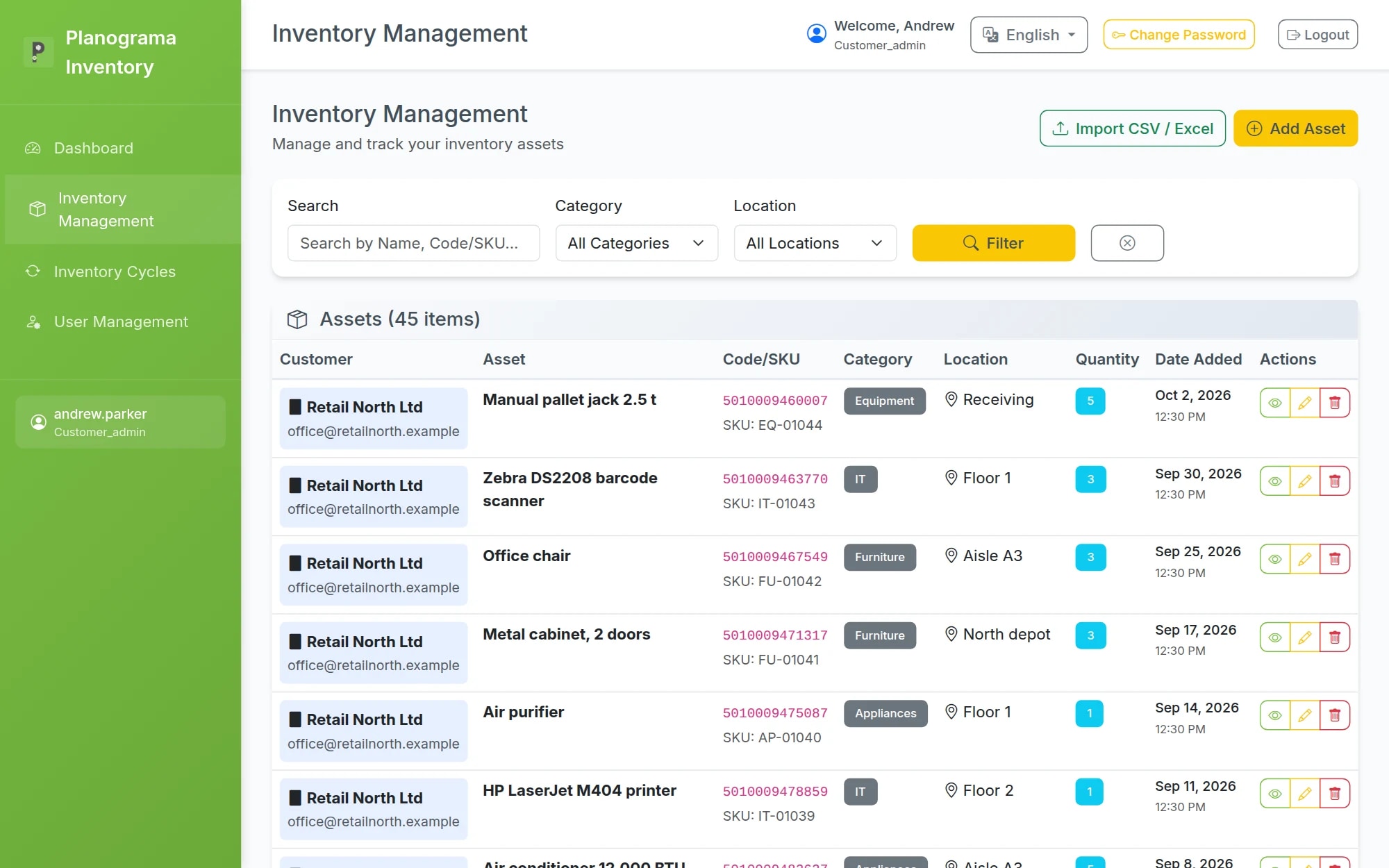 The asset list in the web panel, with search and filters by category and location