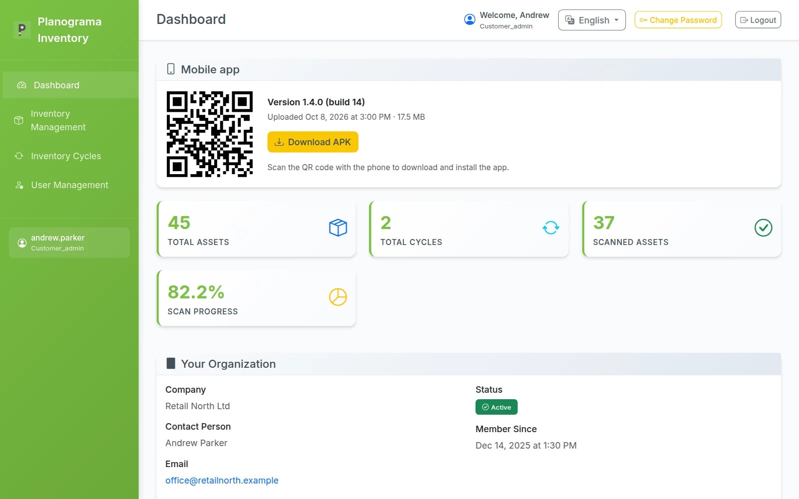 The Planograma Inventory web panel: assets, cycles, scanned assets and scan progress, with the Android app's download QR code