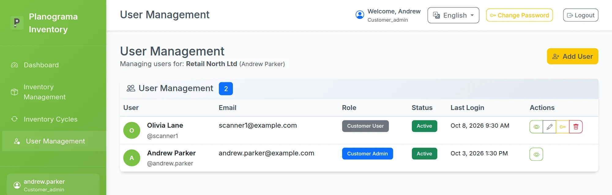 User management in the web panel: each user's role, status and last sign-in